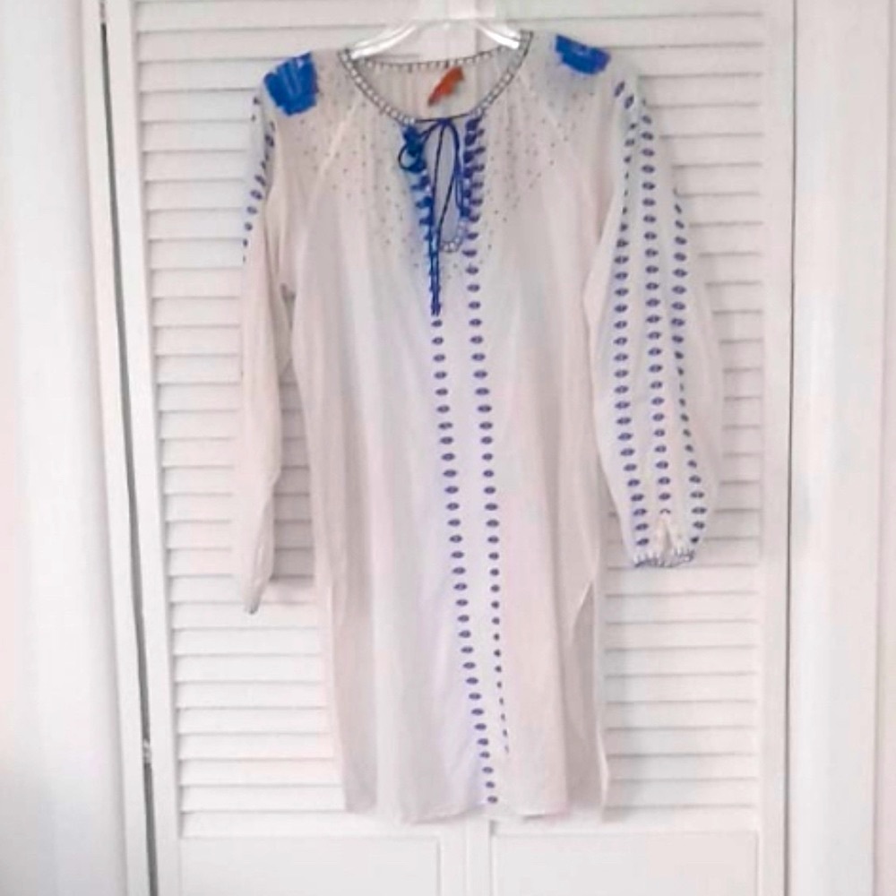 Roberta Freymann Cover-Up Tunic Dress White Blue Embroidered Boho Chic Pool fun